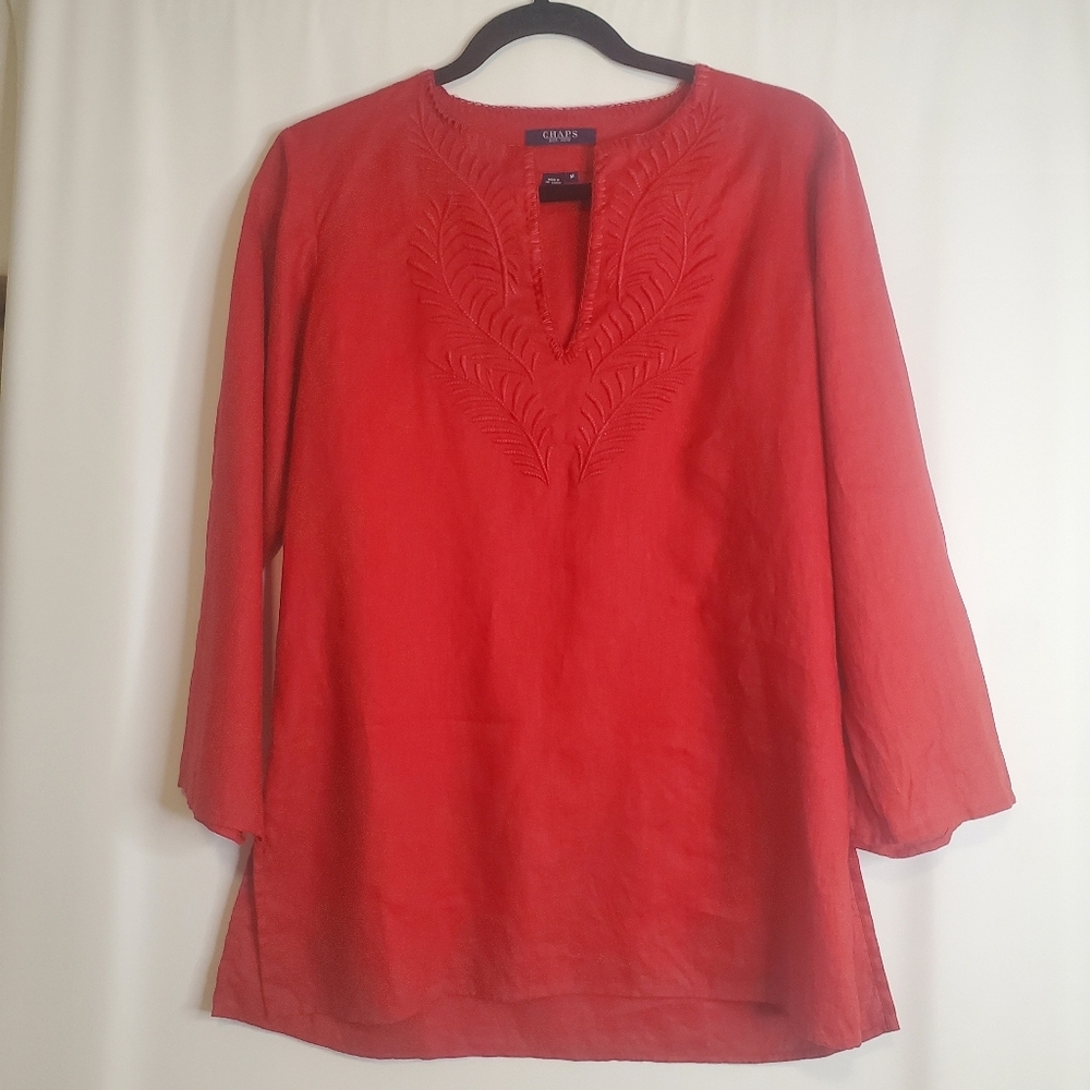 CHAPS Size M Red 100% Linen 3/4 sl embroidered V-neck tunic top